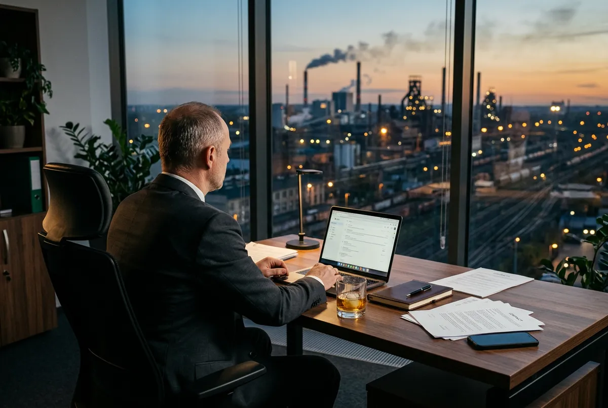 Mężczyzna w garniturze siedzący samotnie przy biurku z kieliszkiem alkoholu - symboliczny obraz alkoholizmu wysokofunkcjonującego
